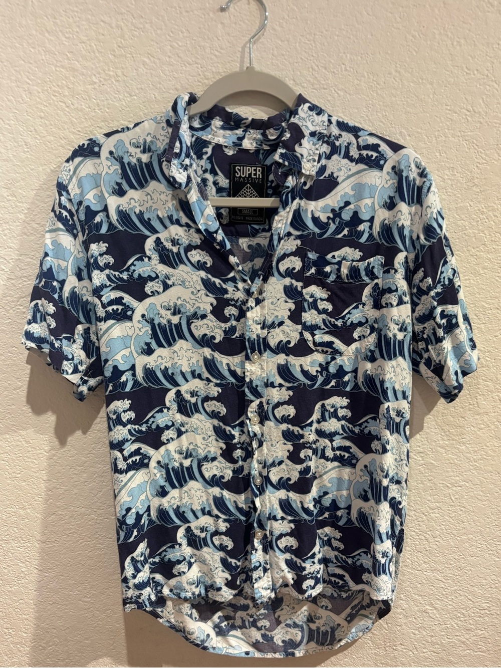 Super Massive Brand Navy and Blue Wave Print Hawaiian Button-Down Shirt